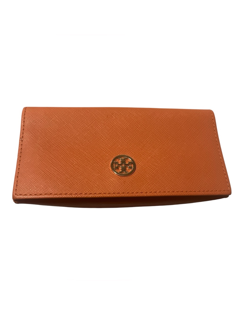 Tory Burch orange textured leather sunglasses case featuring a gold-tone logo